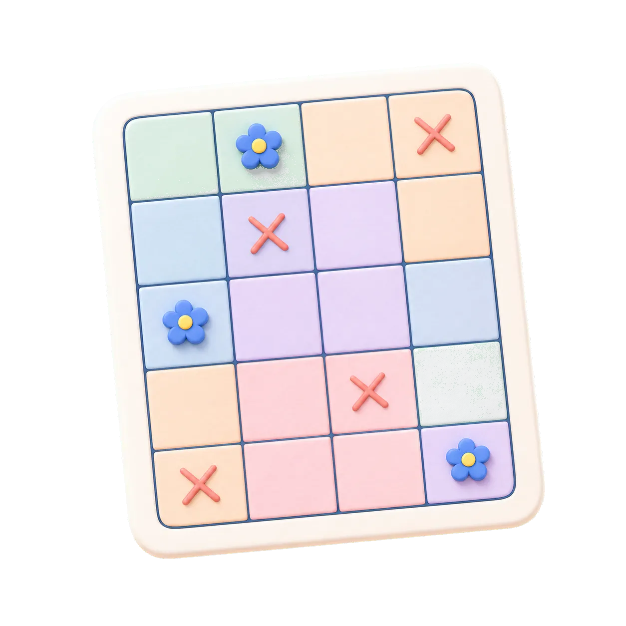 Pastel Queens Puzzle board with flower and exclusion markers