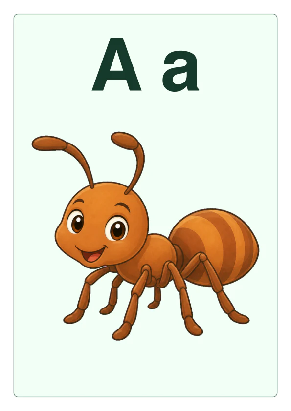 A color classroom poster with a large Aa and an ant illustration