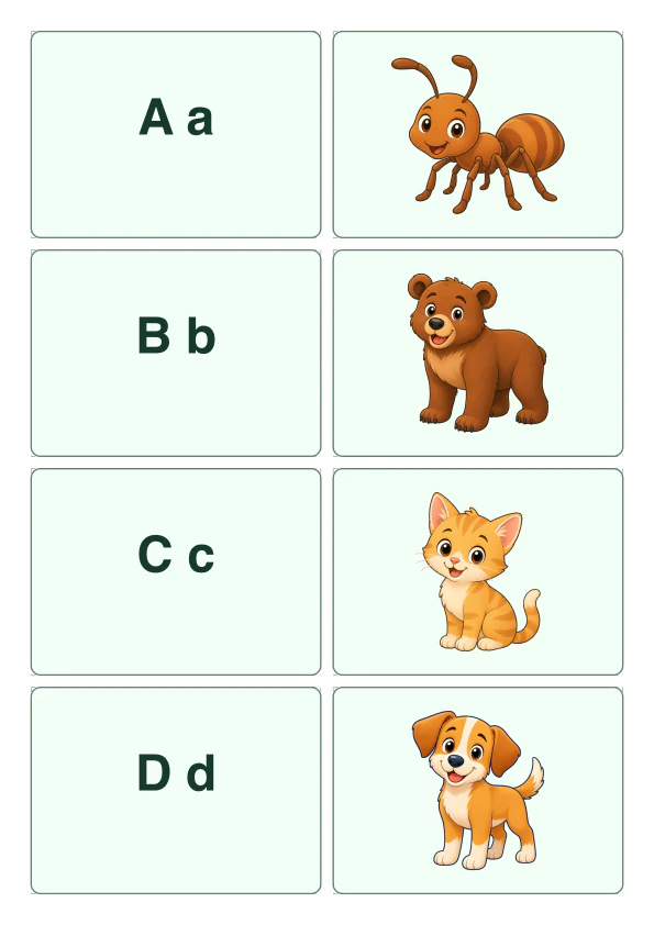 A real matching page with adjacent rows for A and ant, B and bear, C and cat, and D and dog