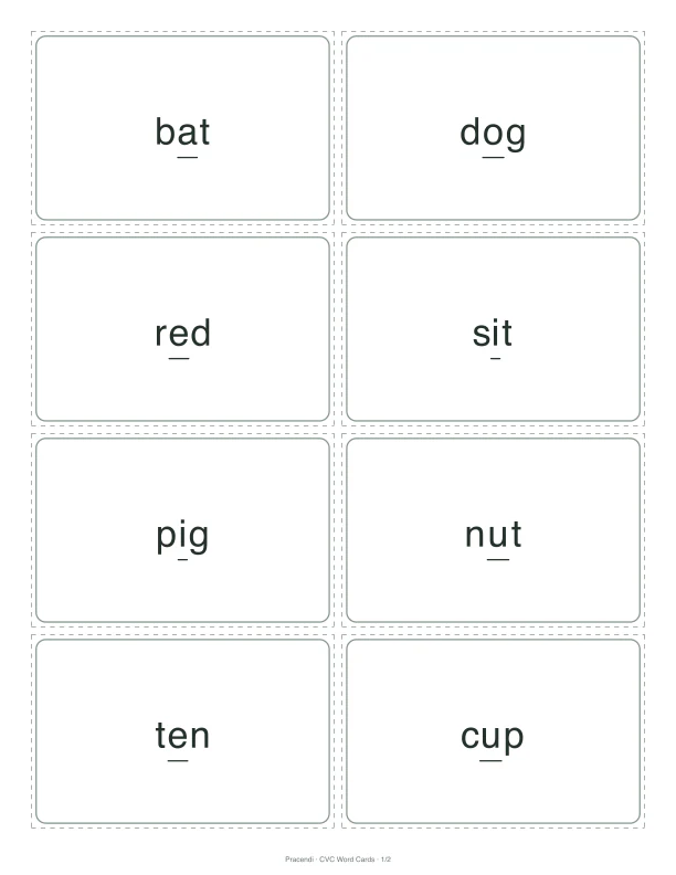 A printable page with eight low-ink CVC review cards