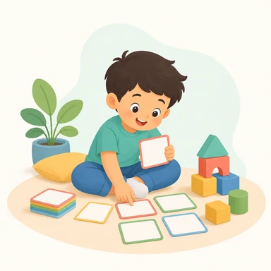 A child exploring early learning cards with numbers and letters