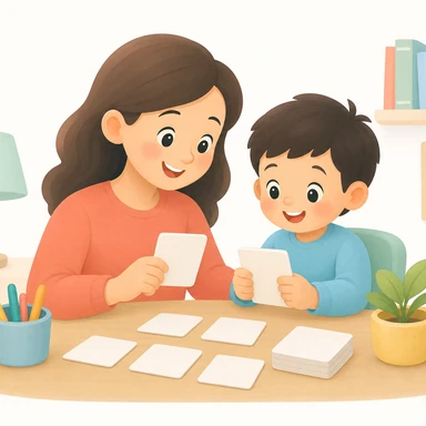 A parent and child using printable learning cards together at home