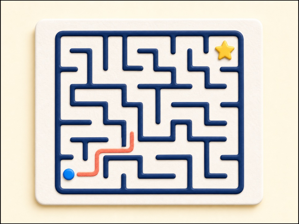 Navy maze board with a blue start and golden star goal