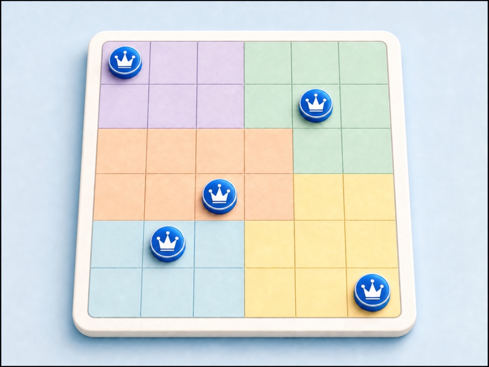 Pastel Queens Puzzle grid with blue queen tokens