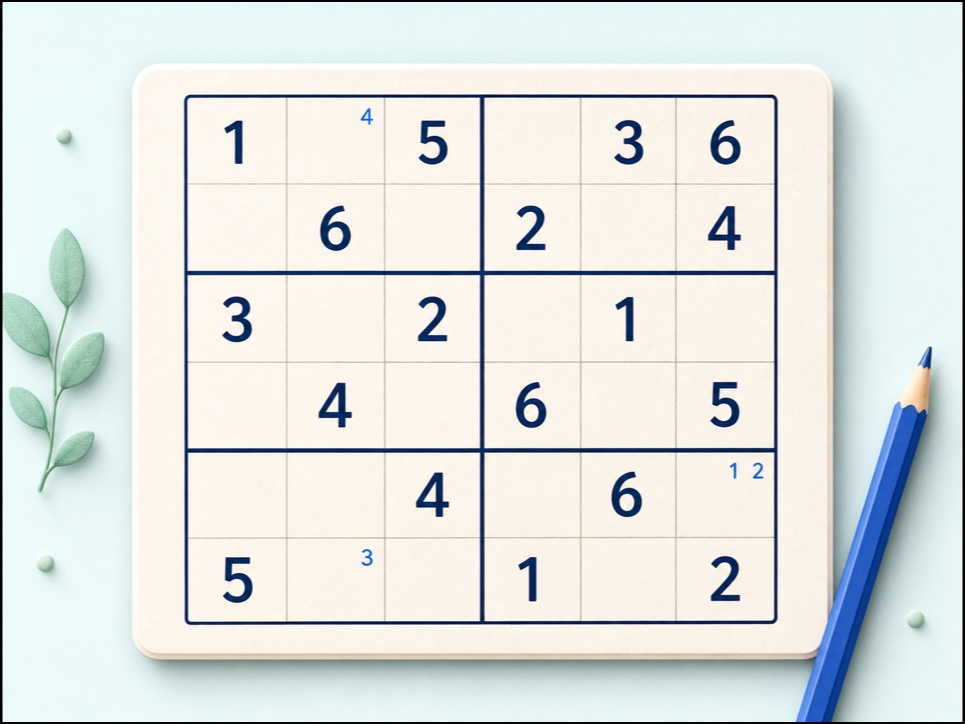 Classic 6 by 6 Sudoku board with navy digits