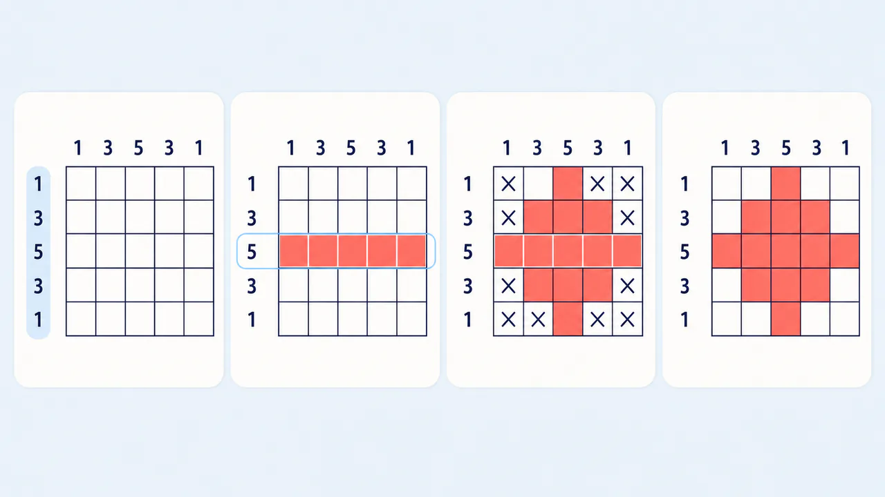 Illustrative four-panel 5 by 5 Nonogram sequence from an empty clue grid to a completed cross.