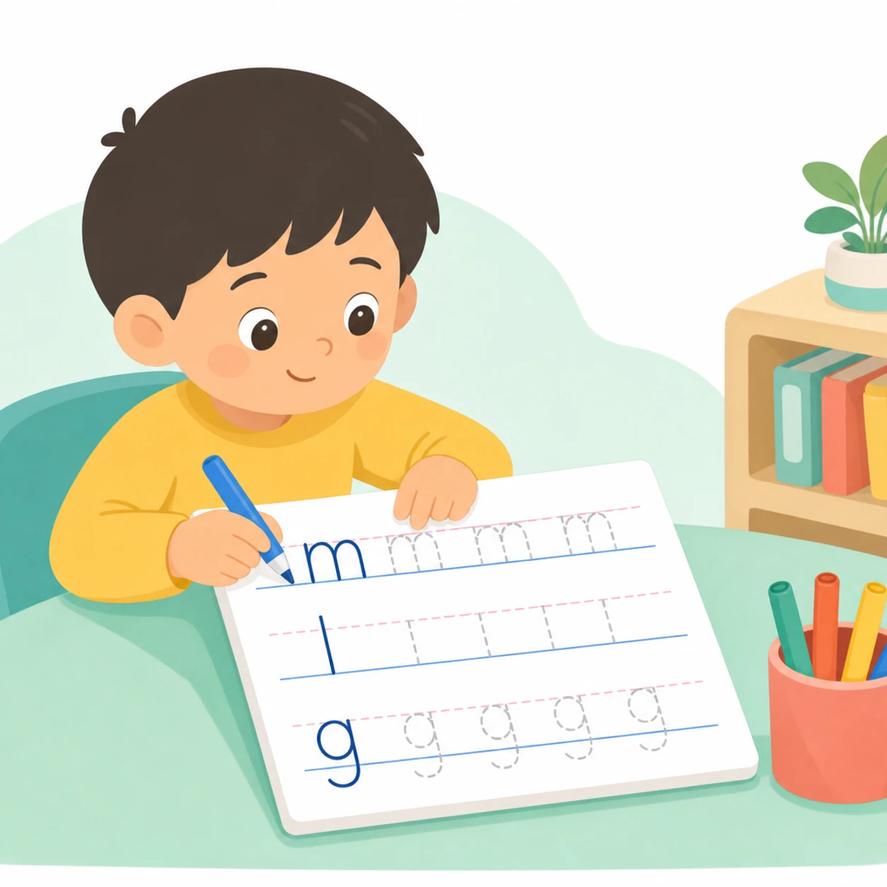Warm educational illustration for placing lowercase letters on handwriting guidelines