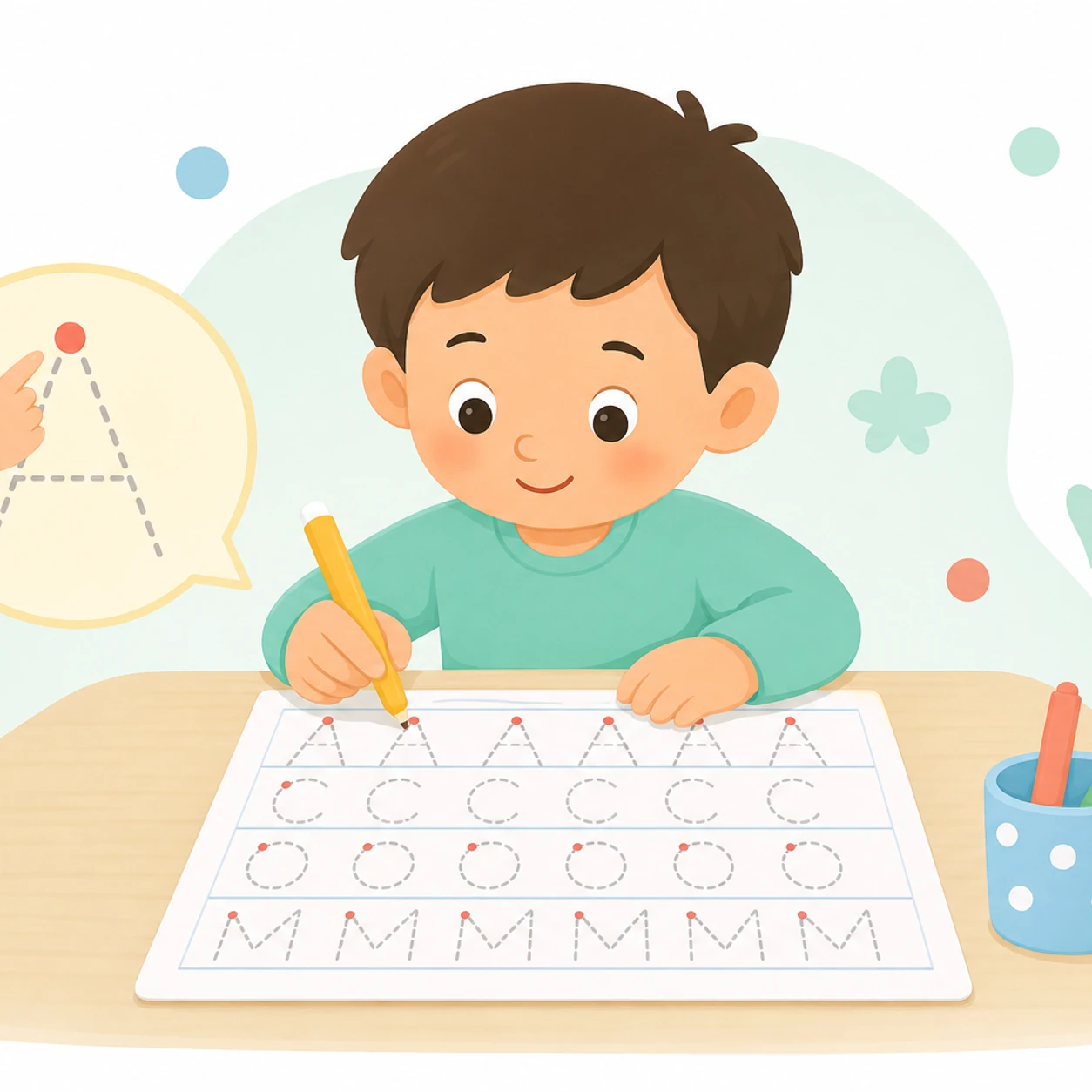 Warm educational illustration of a pencil beginning a guided name-tracing line