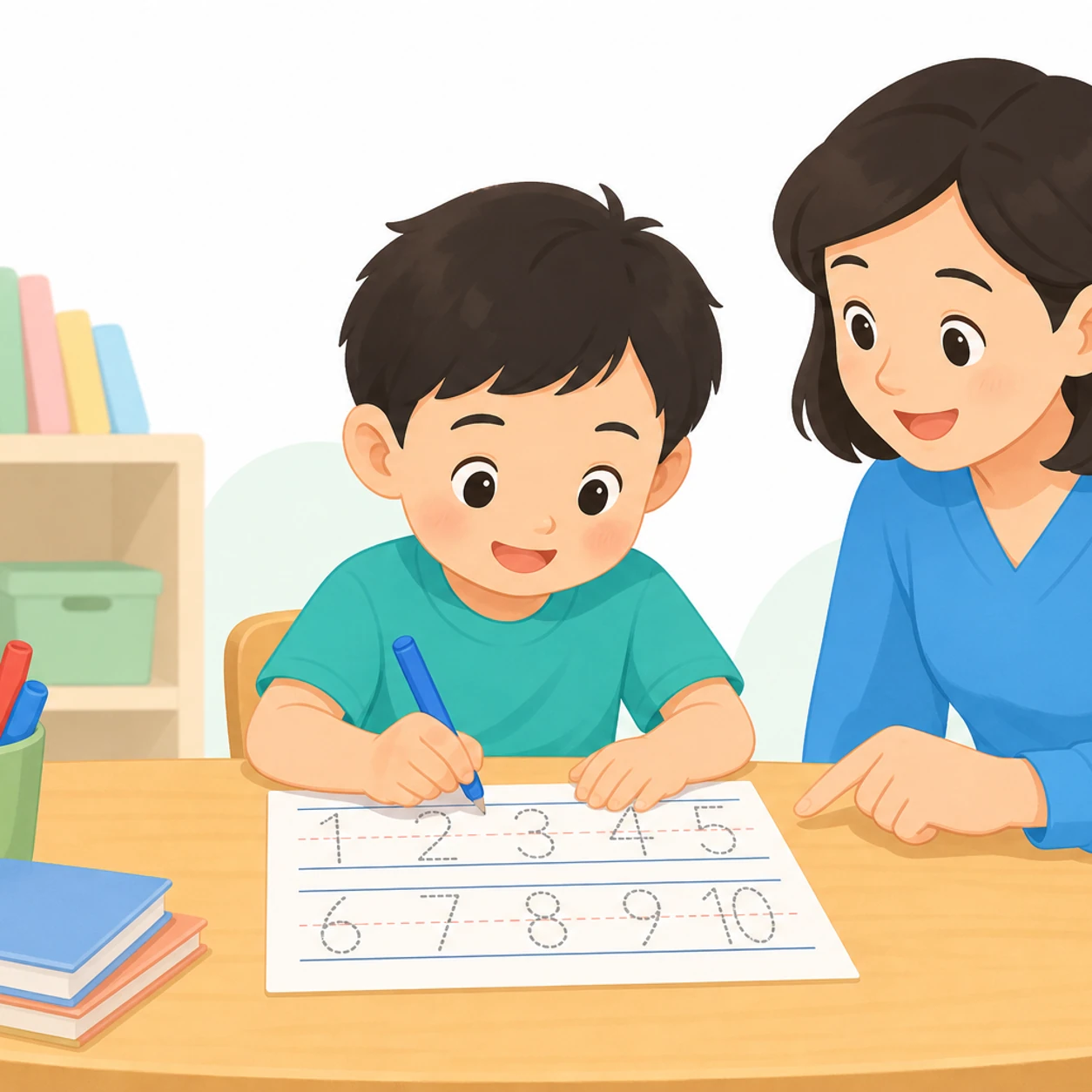 Warm educational illustration for recognizing and tracing the digits 1 through 10