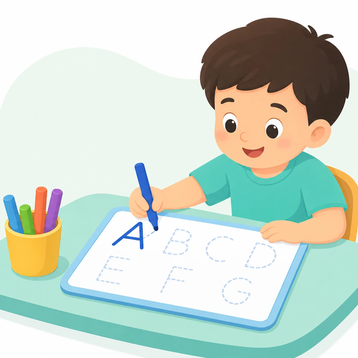 Warm educational illustration for observing and tracing uppercase letter forms