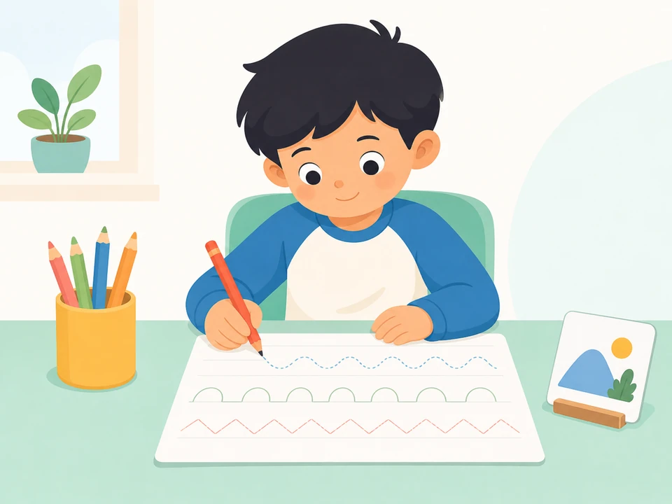 Child moving from dotted word shapes to blank handwriting lines