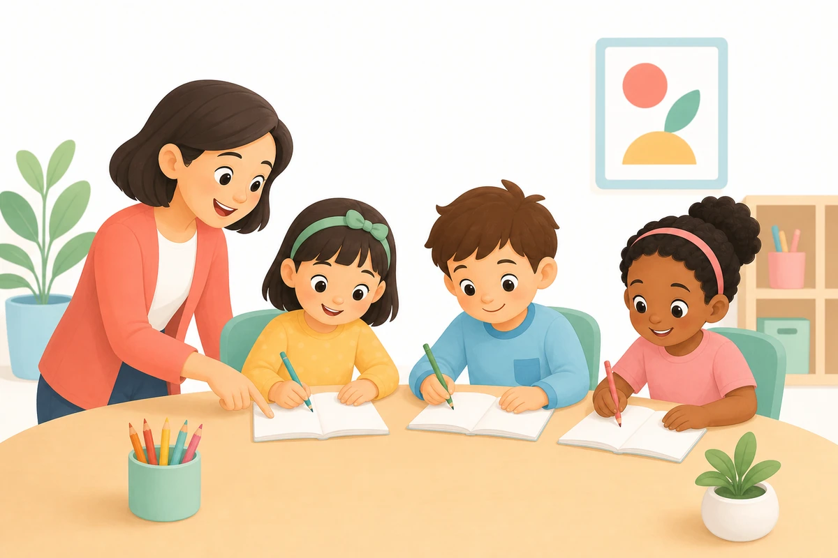 Teacher guiding three children as they work on printable practice sheets