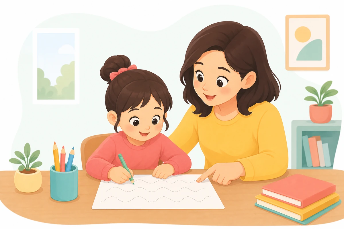Parent and child using printable practice sheets together at home