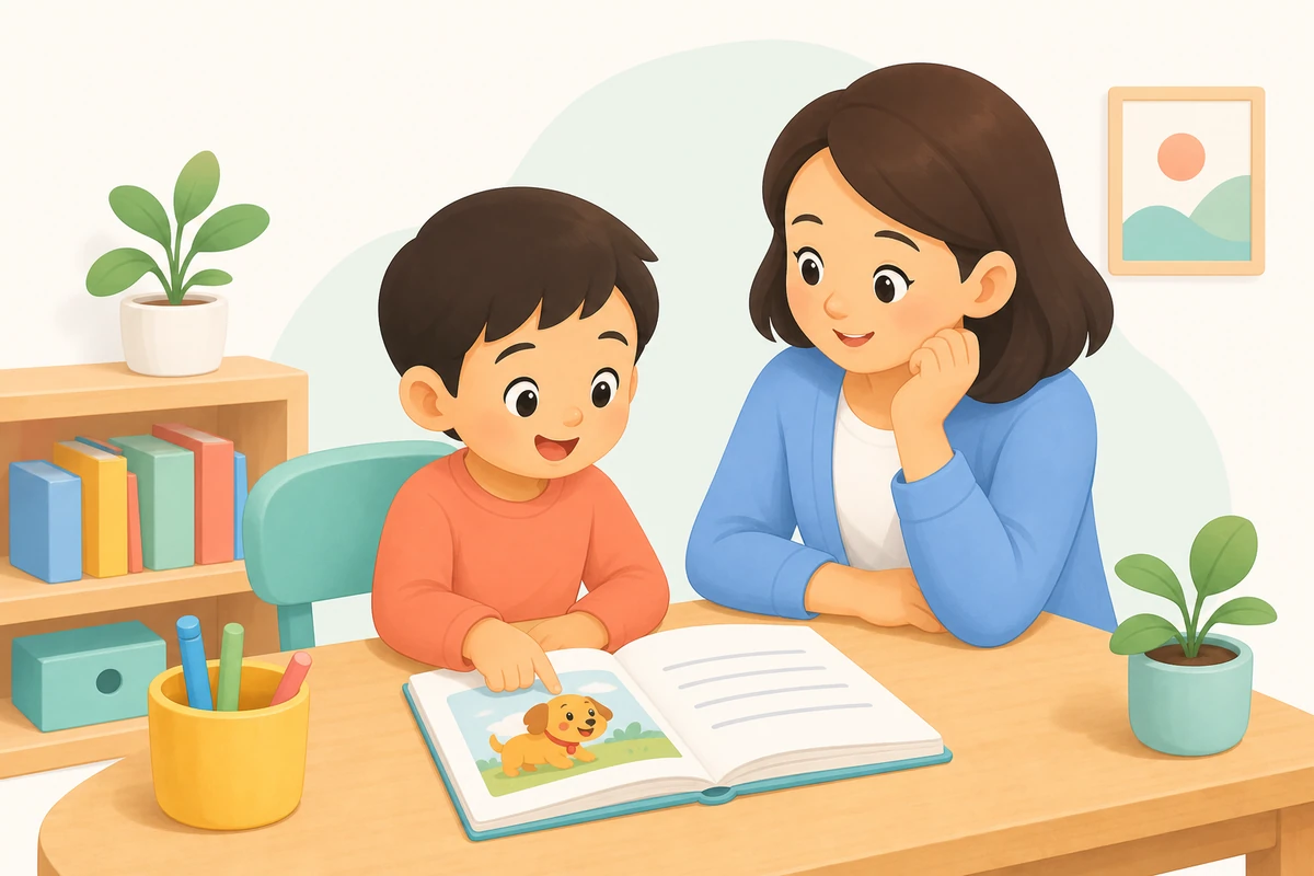 A child and caregiver exploring picture prompts and guided tracing paths