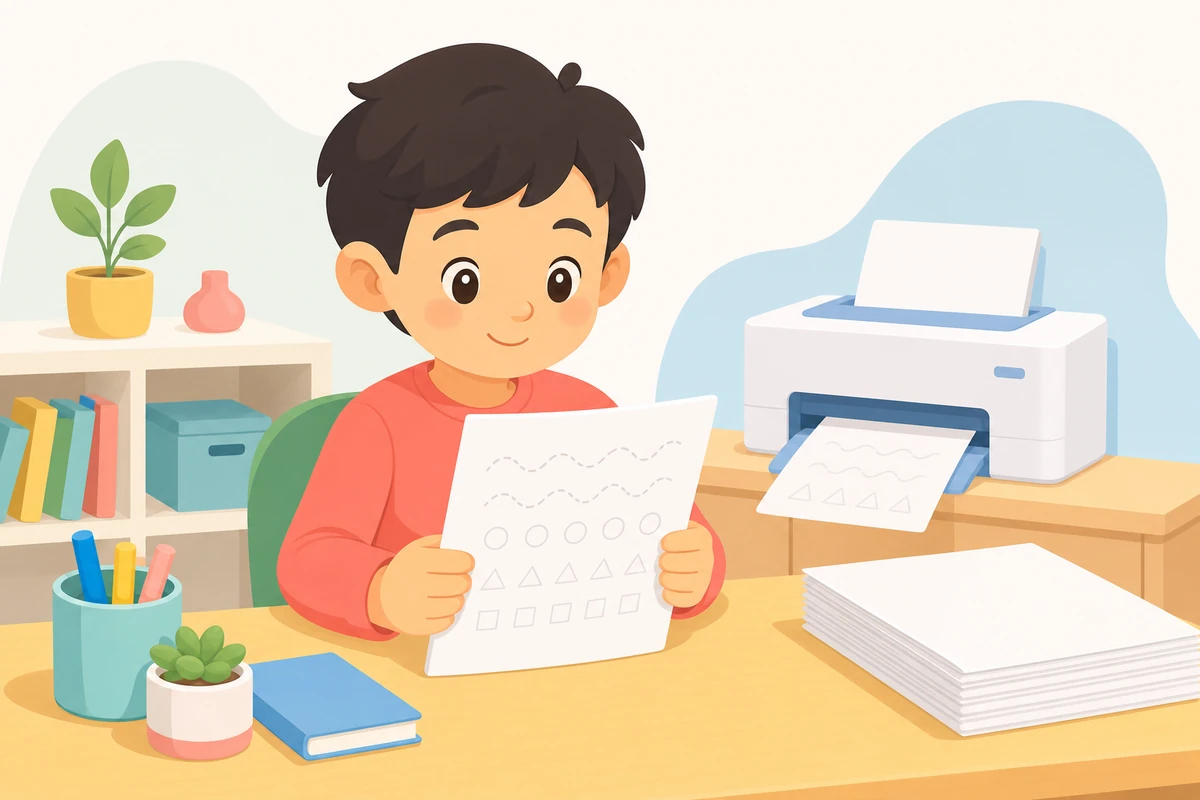 A child reviewing a practice sheet beside a home printer