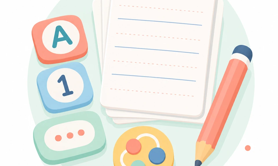 Soft illustration of blank handwriting sheets, a pencil, and name, letter, number, and word tiles