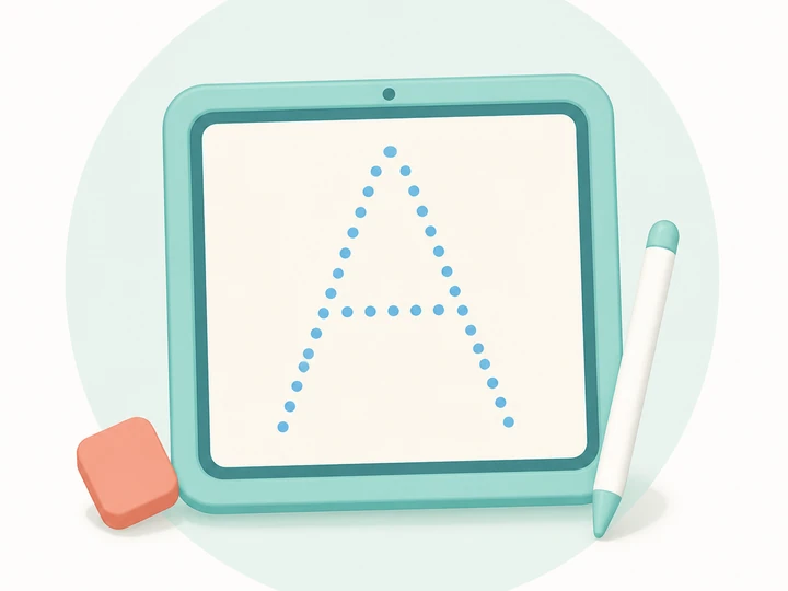 Soft illustration of an uppercase A tracing path on a tablet with a stylus